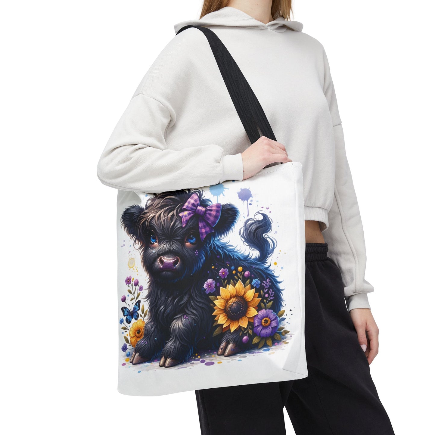 💜 Purple Bow Black Highland Calf Tote Bag – Country Charm with a Pop of Color 🐮👜