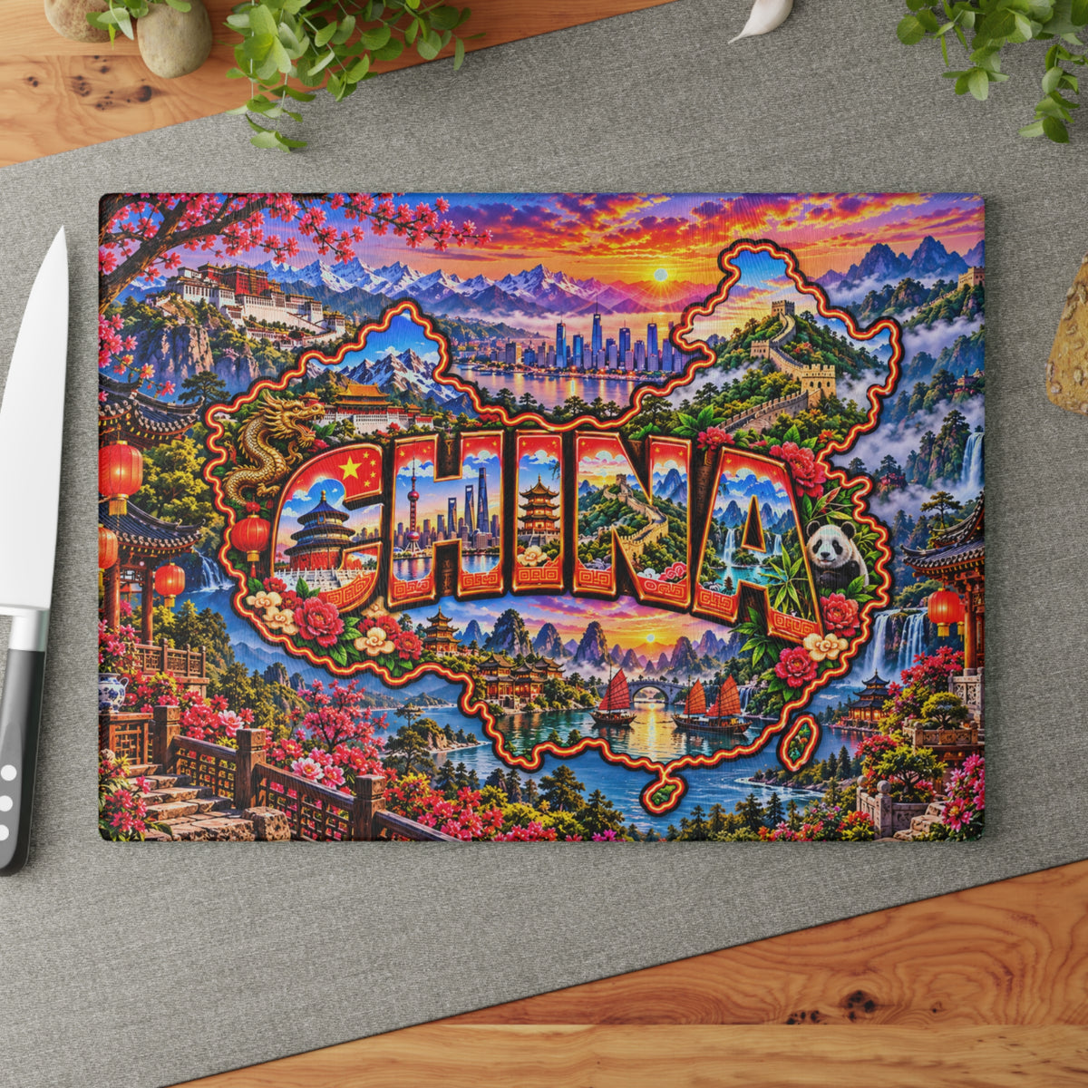China Map Cutting Board – Great Wall, Giant Panda, Chinese Temples, Mountain Landscapes & Kitchen Décor