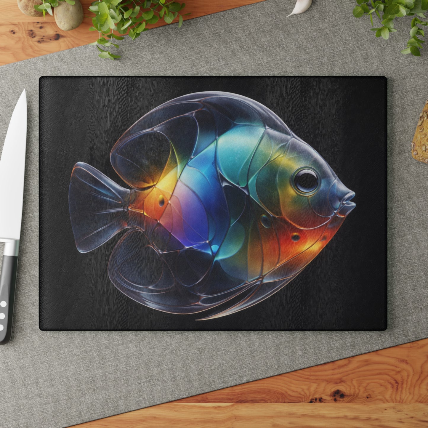Rainbow Glow Glass Cutting Board – Stunning Discus Fish Artwork