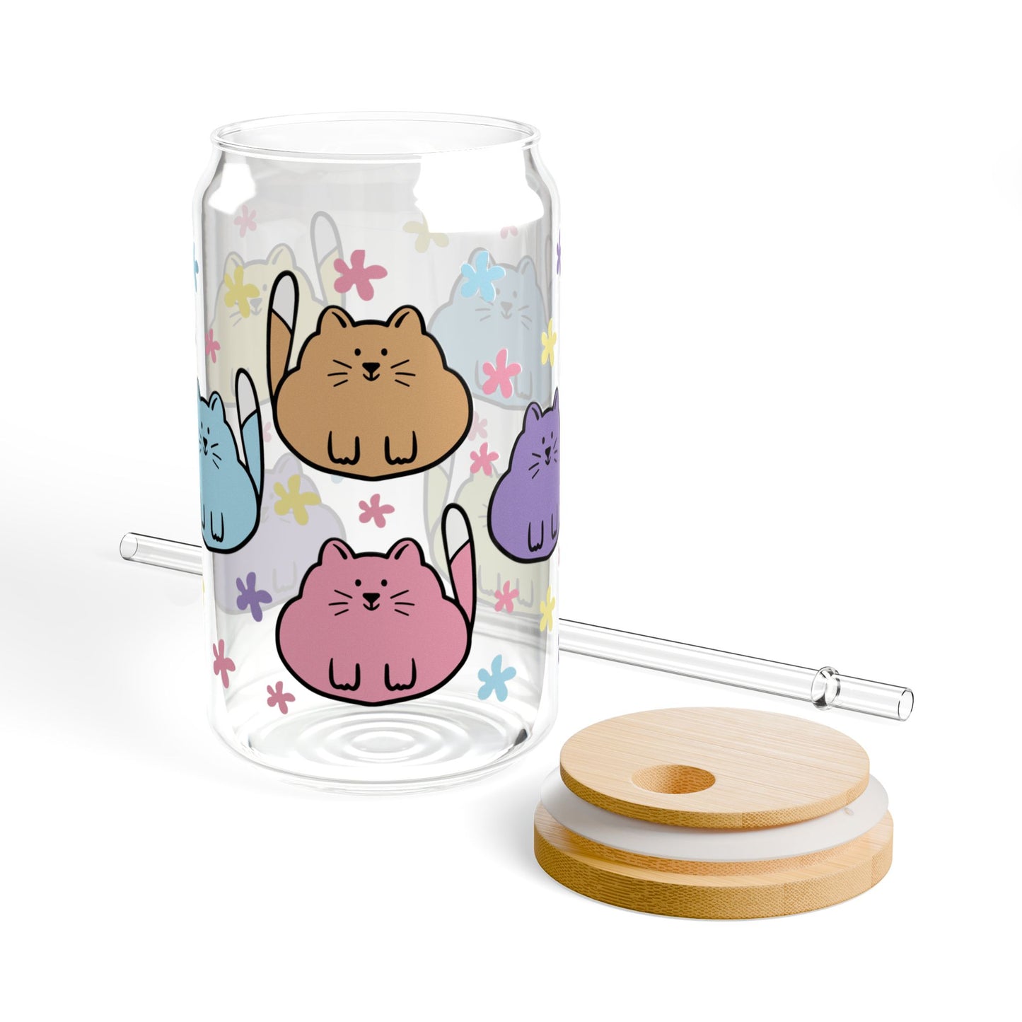 😸🌼 Colorful Cartoon Cat Sipper Glass – Whimsical 16oz Fun for Every Sip 🥤