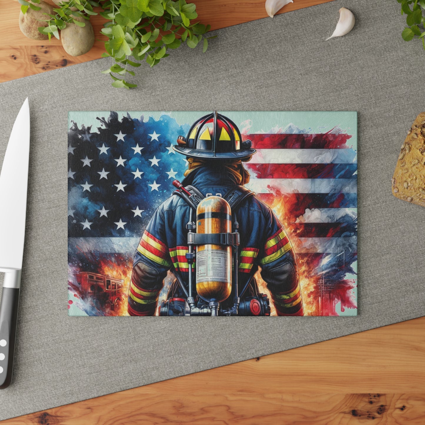 Firefighter American Flag Cutting Board – Courage and Service in Patriotic Style