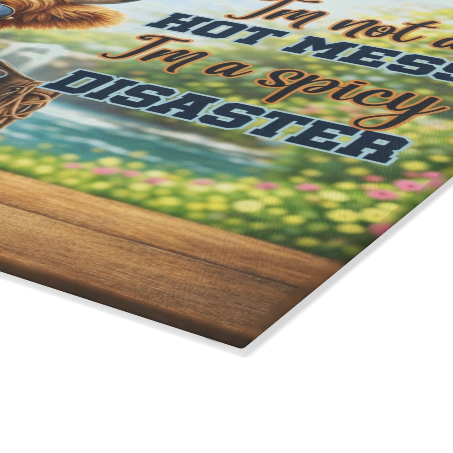I’m Not a Hot Mess, I’m a Spicy Disaster Glass Cutting Board – Sassy Highland Cow Kitchen Artwork
