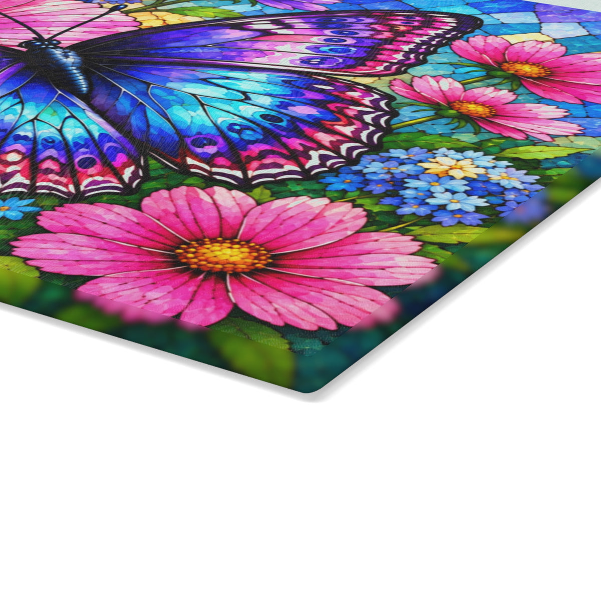 Colorful Butterfly & Wildflowers Stained-Glass-Inspired Glass Cutting Board