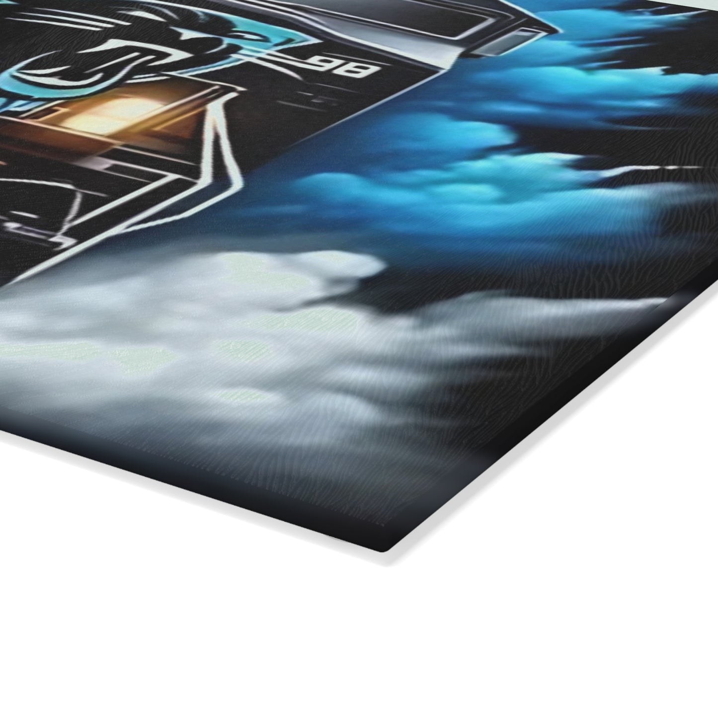 Panther Blue & Black Express Glass Cutting Board – Sleek Train Art for Bold Modern Kitchens