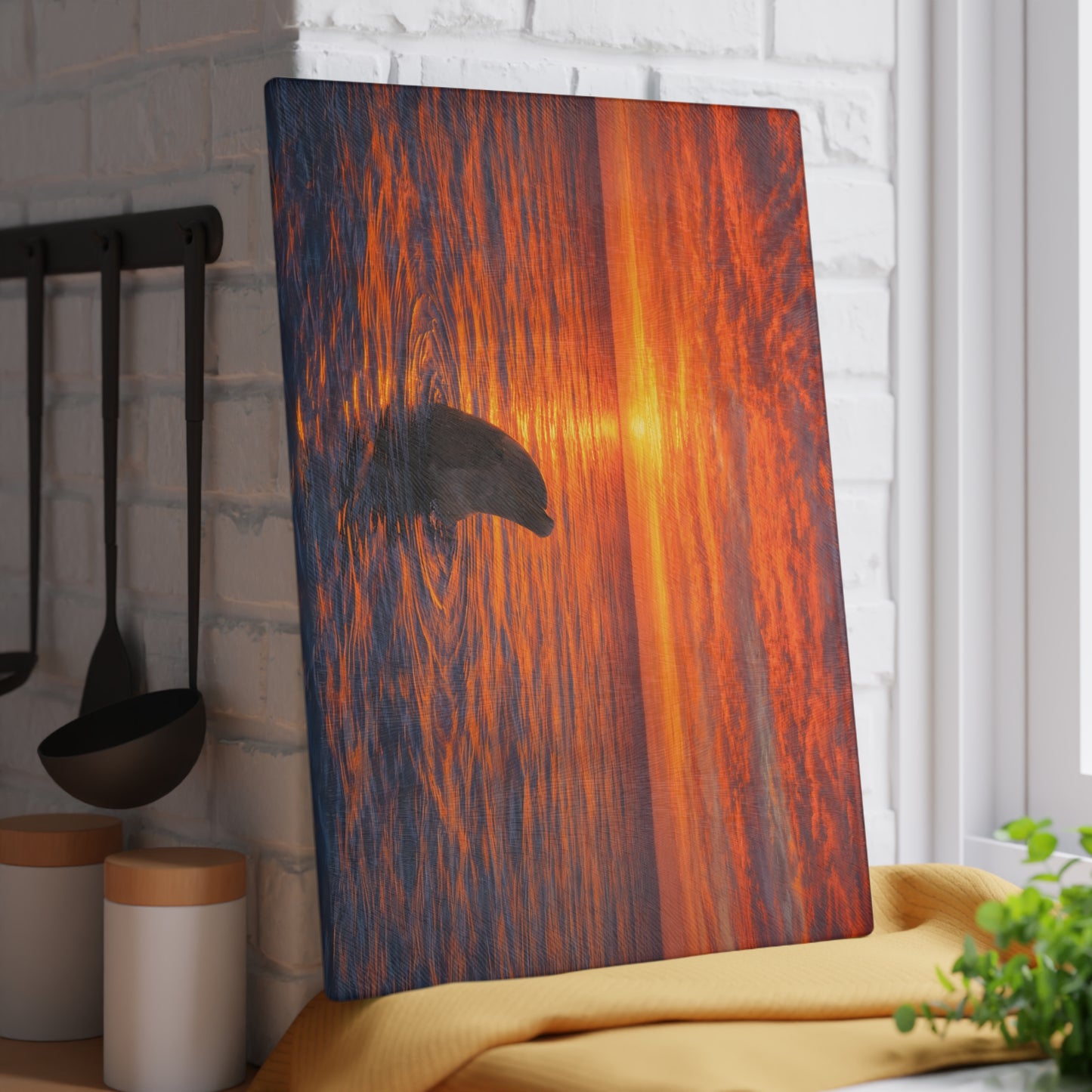 Dolphin Sunset Glass Cutting Board – Ocean Serenity Coastal Kitchen Decor
