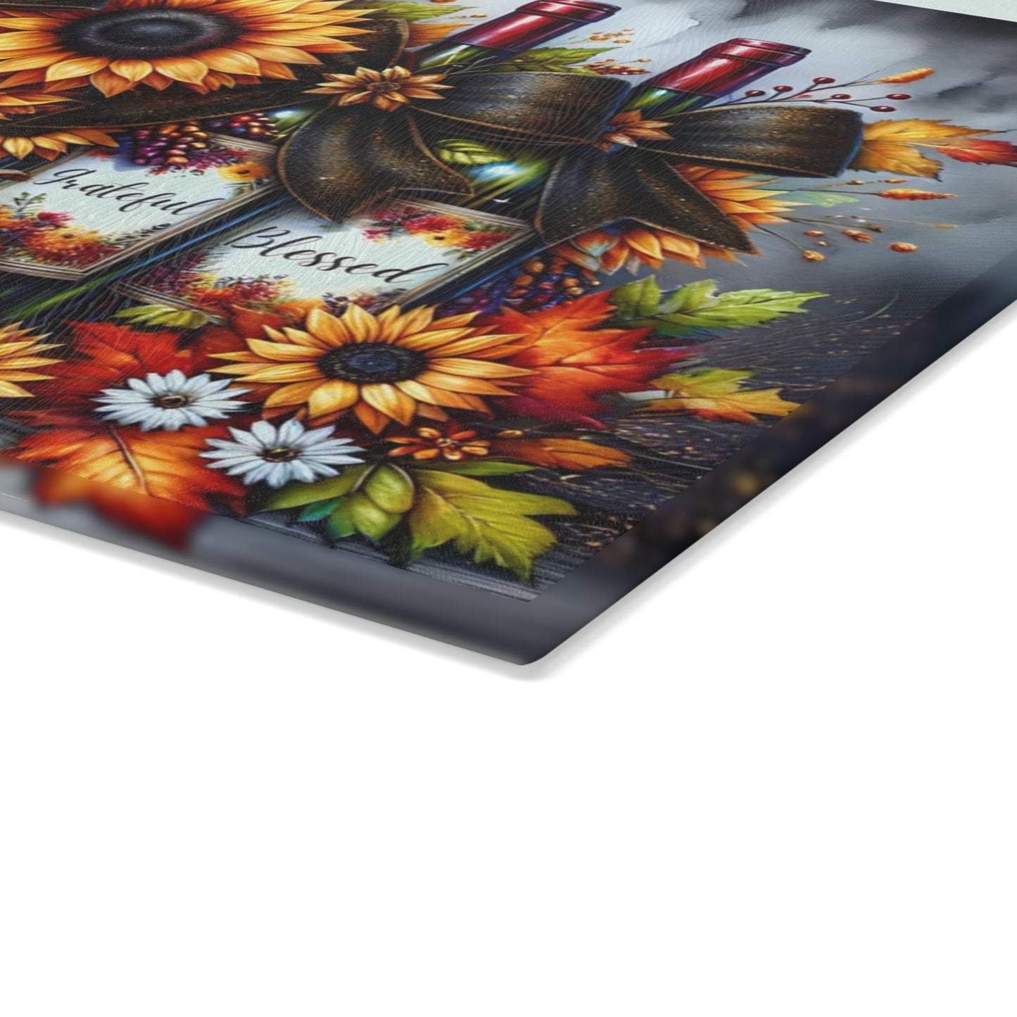 🍂🍷 “Thankful • Grateful • Blessed” Sunflower Wine Trio – Glass Cutting Board