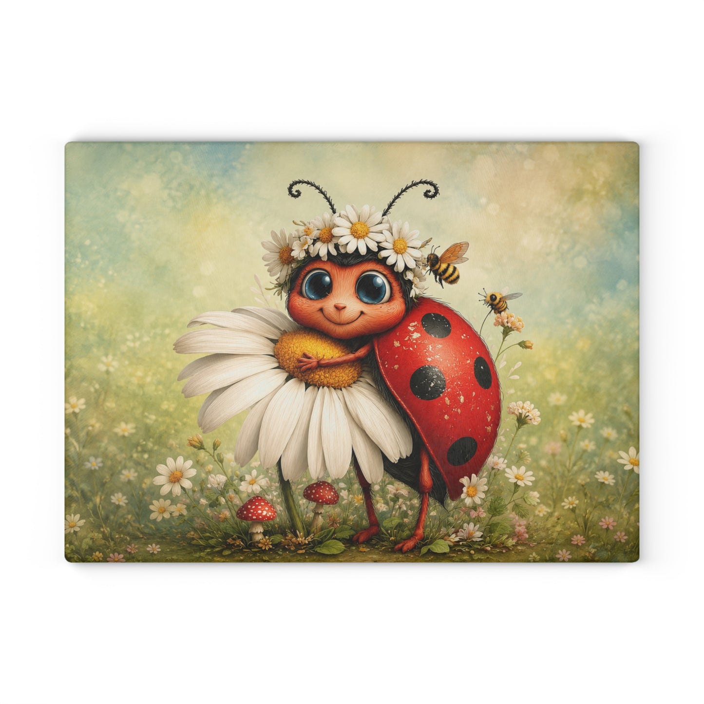 Ladybug Hugging Daisy Glass Cutting Board – Adorable Garden Artwork with Whimsical Spring Charm