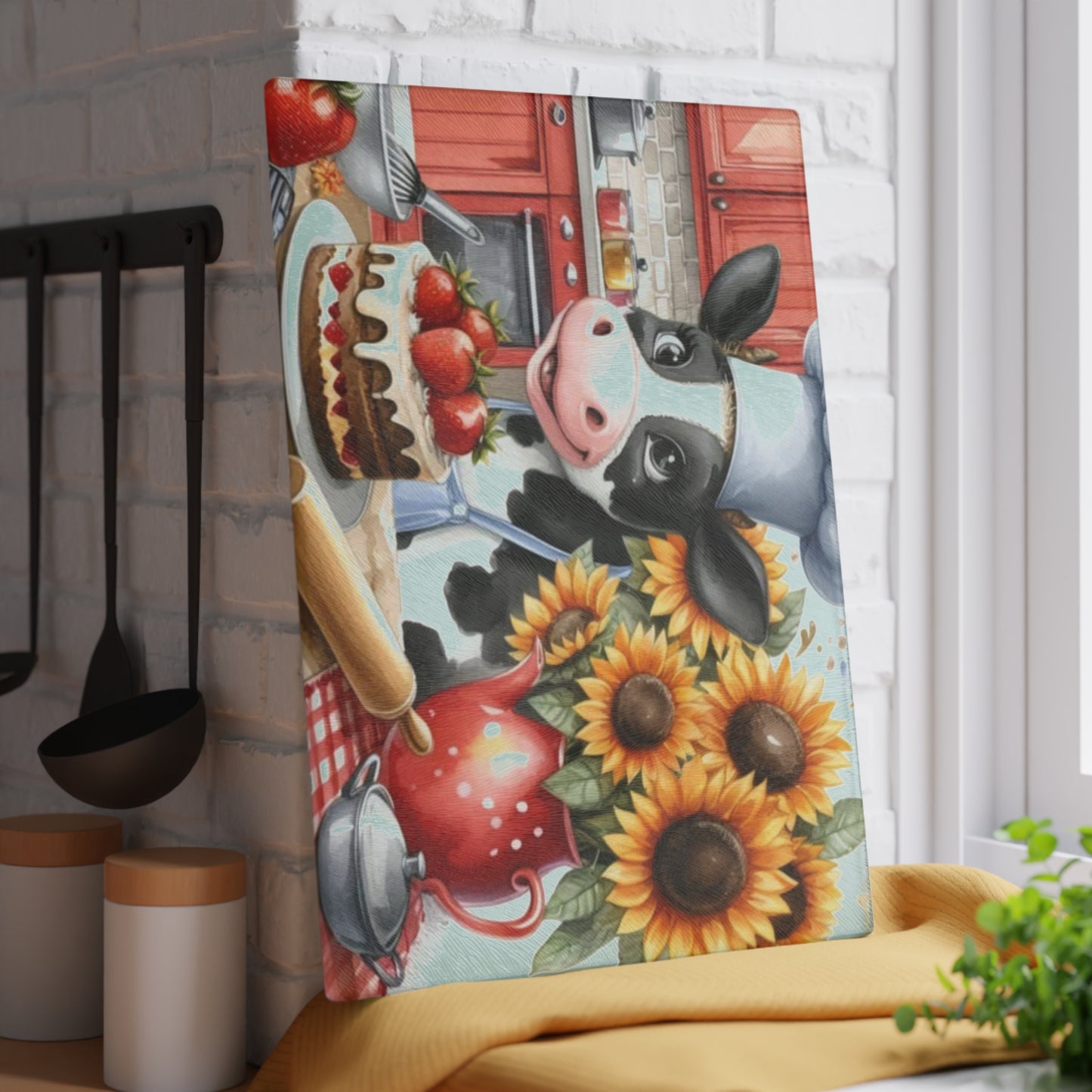 🐄 Baking Cow with Strawberries & Sunflowers Cutting Board – Whimsical Farmhouse Kitchen Fun 🍓🌻