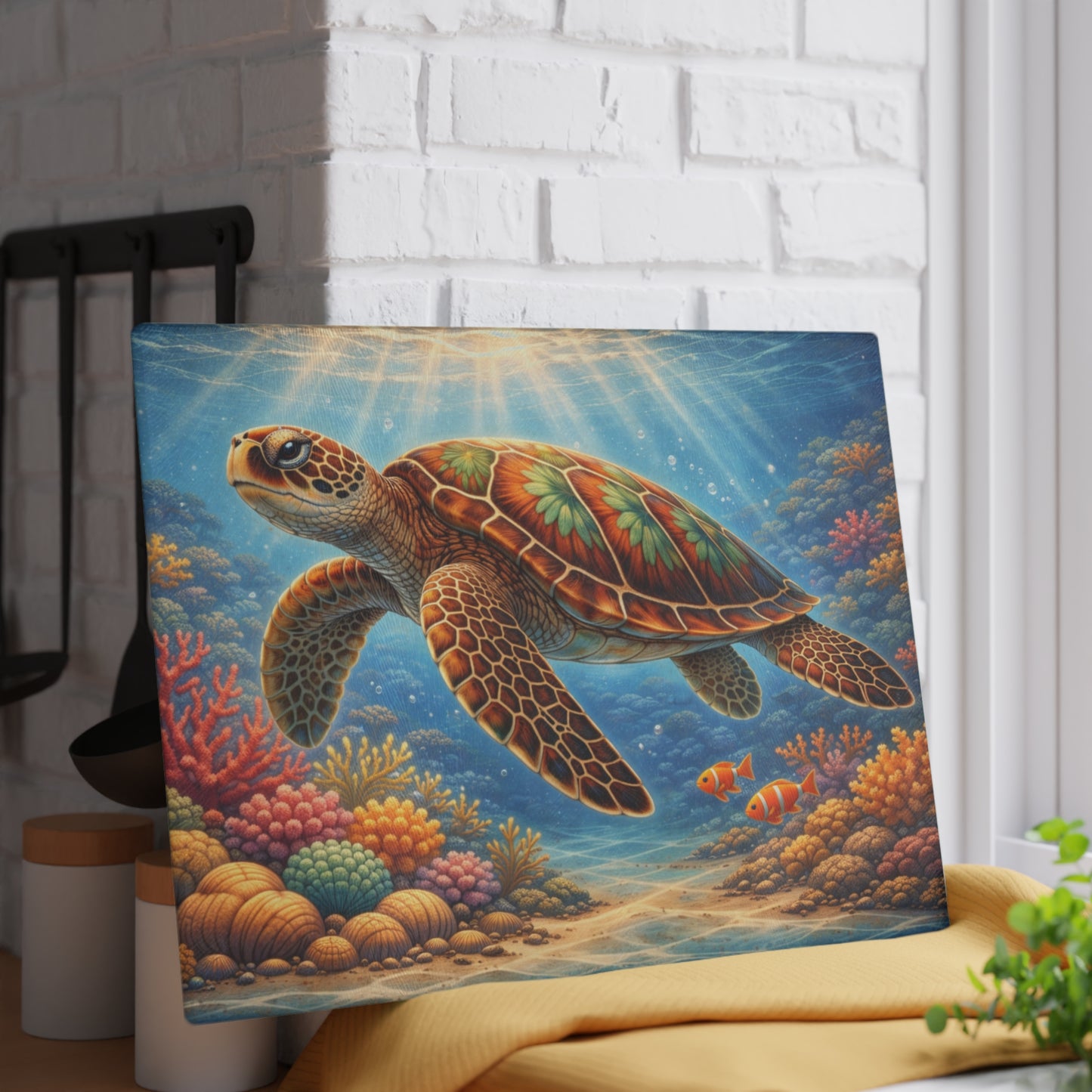 Colorful Sea Turtle Glass Cutting Board – Vibrant Underwater Ocean Reef Kitchen Art
