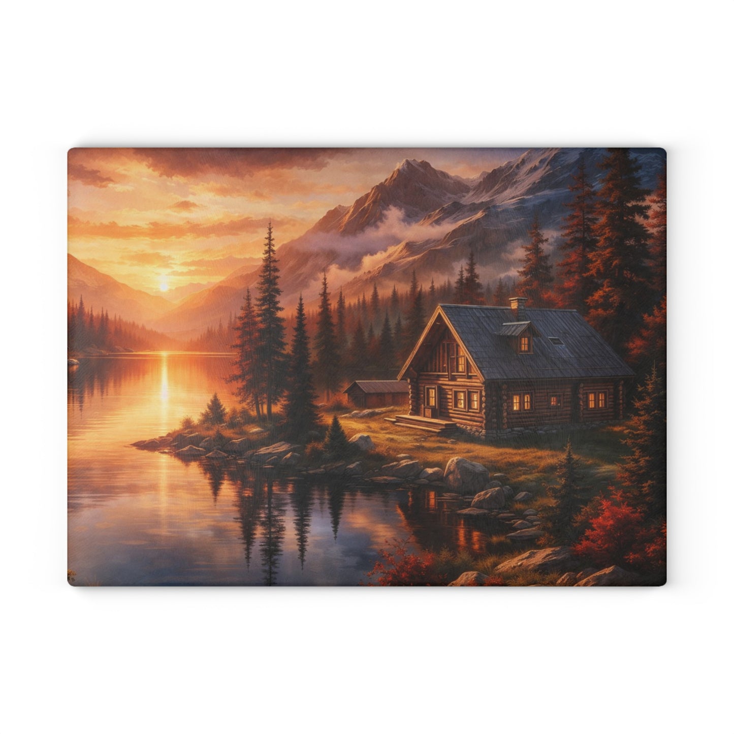 Mountain Cabin Sunset Glass Cutting Board – Rustic Lake Lodge Kitchen Art