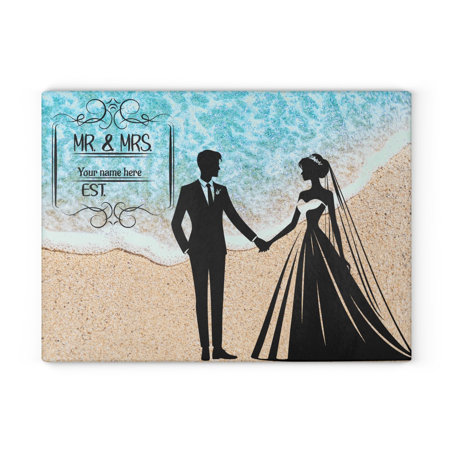 Tabla de cortar para novios en la playa: recuerdo personalizado de boda en la playa con apellido y año