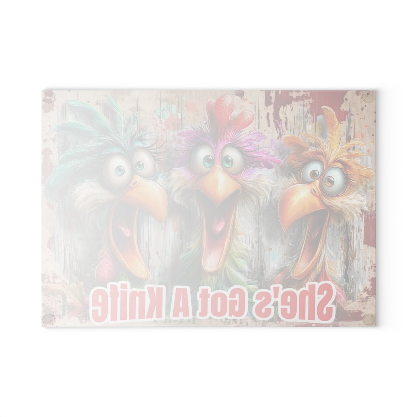 She’s Got a Knife Funny Chicken Glass Cutting Board – Colorful Farmhouse Kitchen Humor