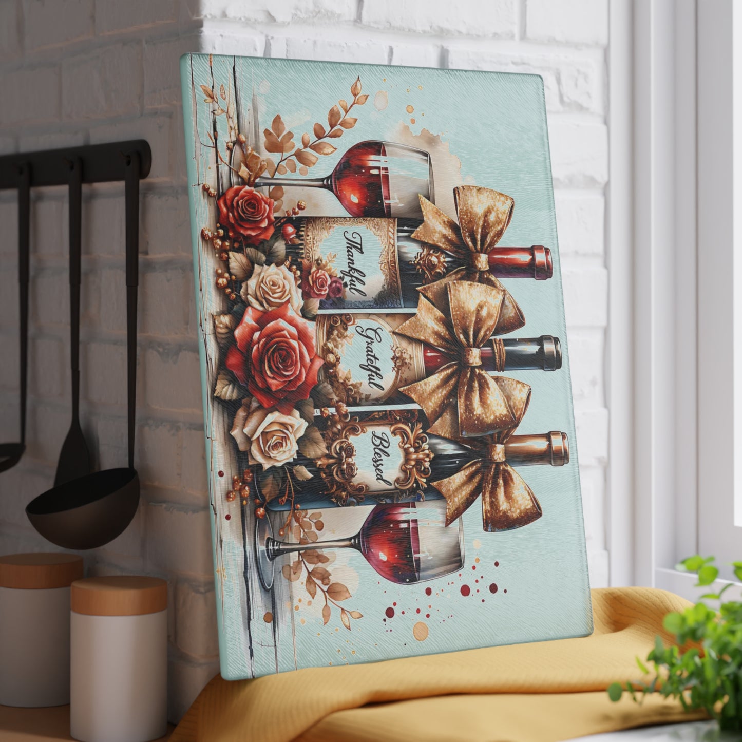 🍷 Thankful, Grateful, Blessed Wine Bottle Cutting Board – Elegant Holiday Kitchen Décor