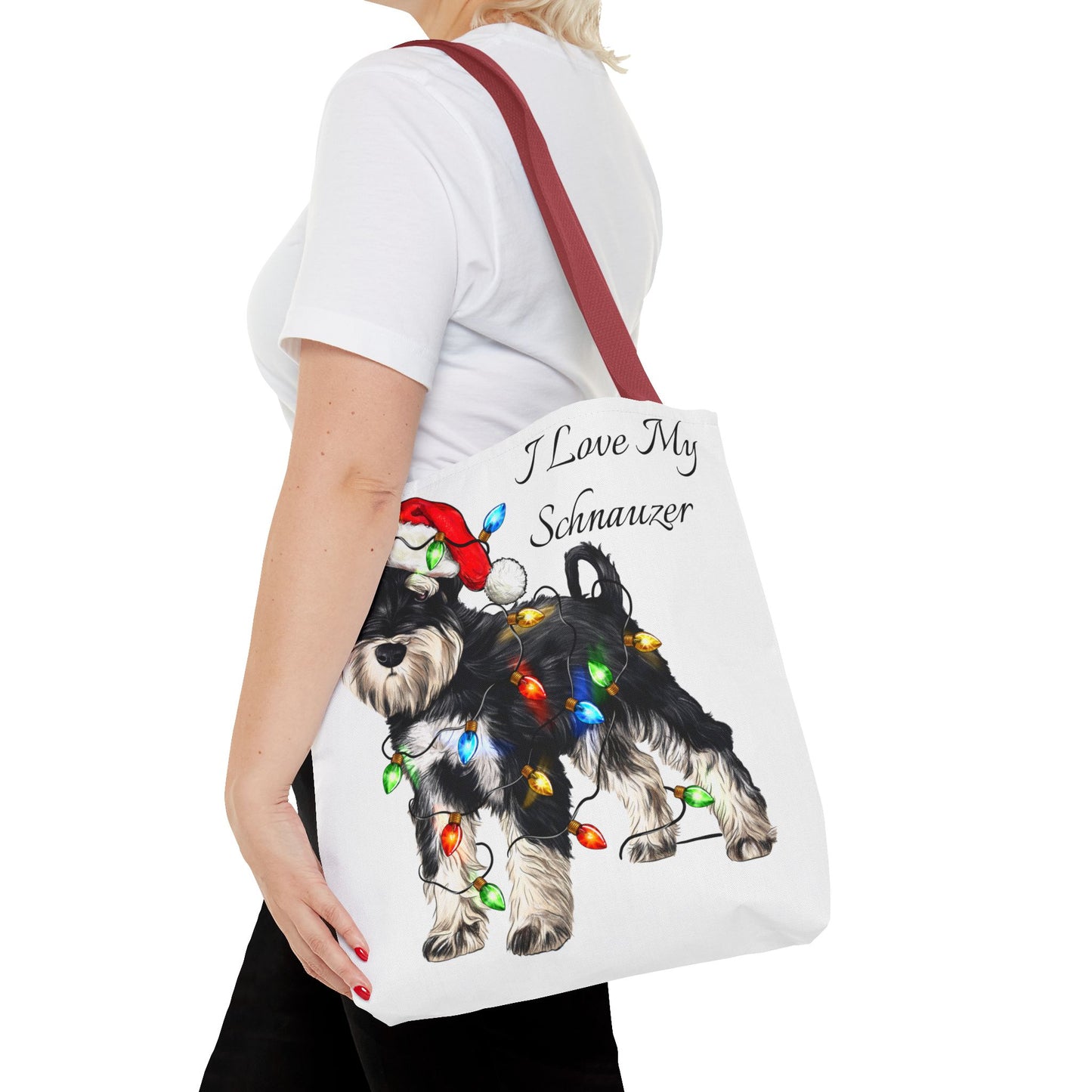 🎄 I Love My Schnauzer Tote Bag – Christmas Lights & Holiday Woofs 🐾