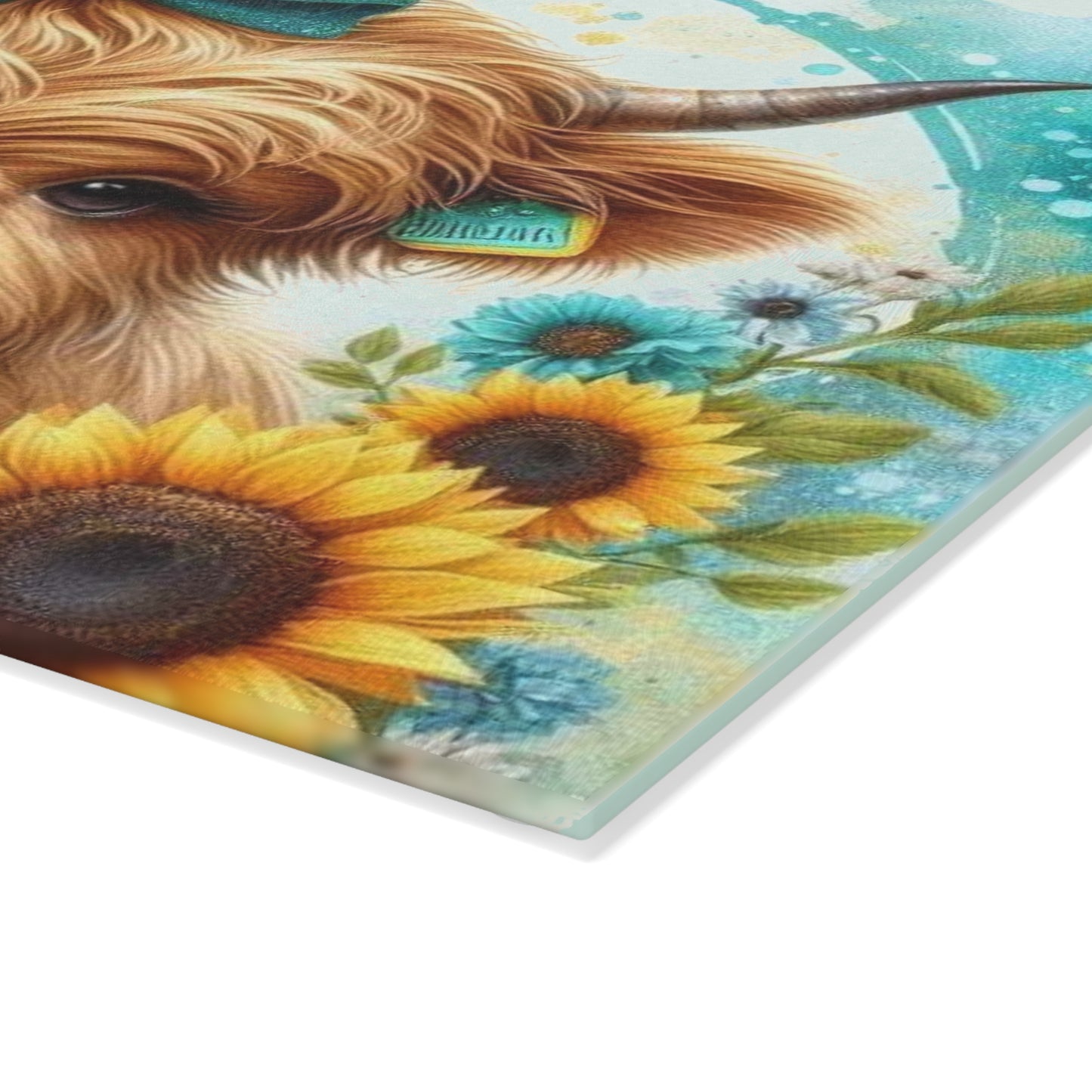 Tabla de cortar de vidrio con diseño de vaca de las Tierras Altas, lazo y girasoles