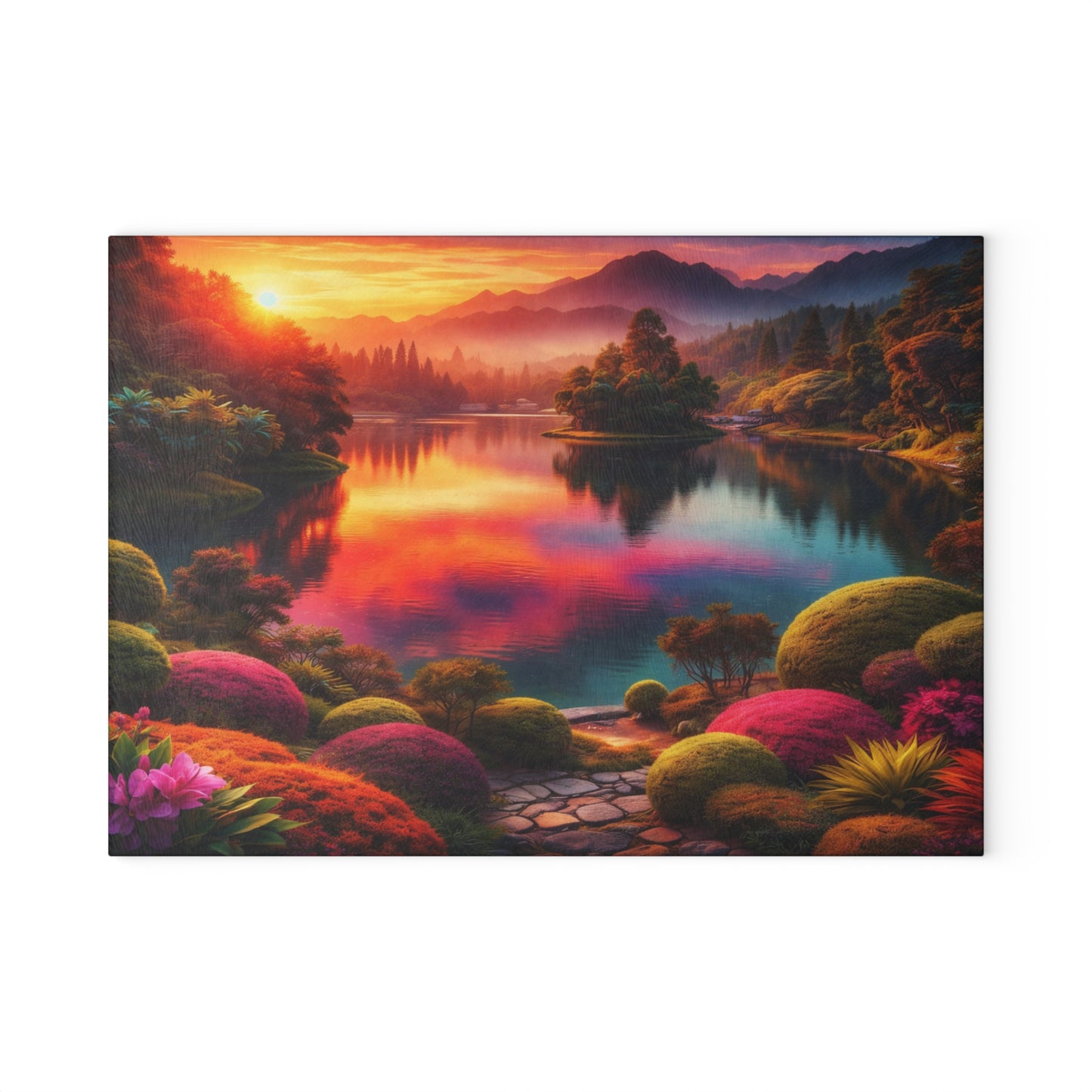 Sunset Garden Lake Glass Cutting Board – Vibrant Nature Landscape Kitchen Art