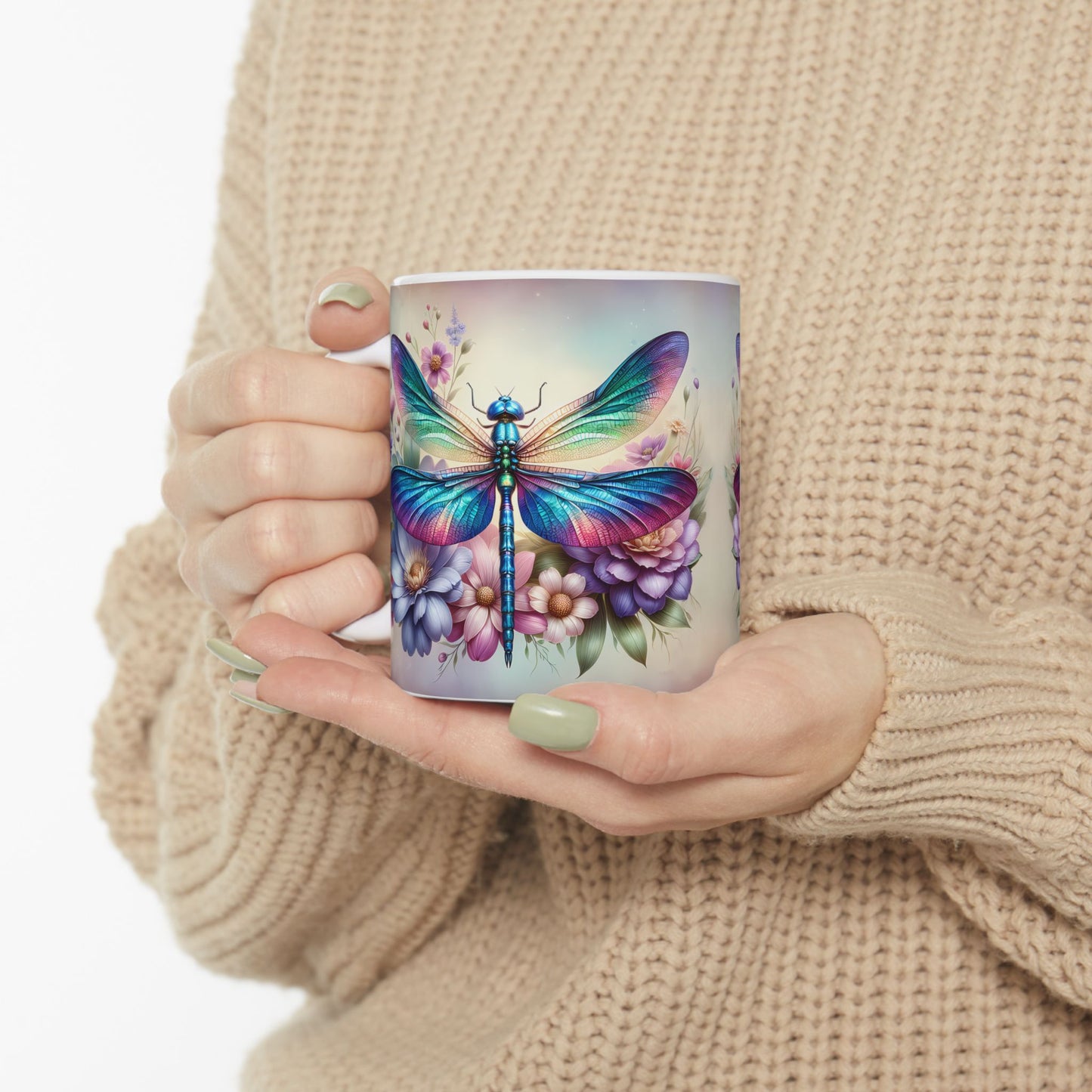 🌸 Vivid Garden Bloom – Envoltorio para taza de café con libélula arcoíris ☕