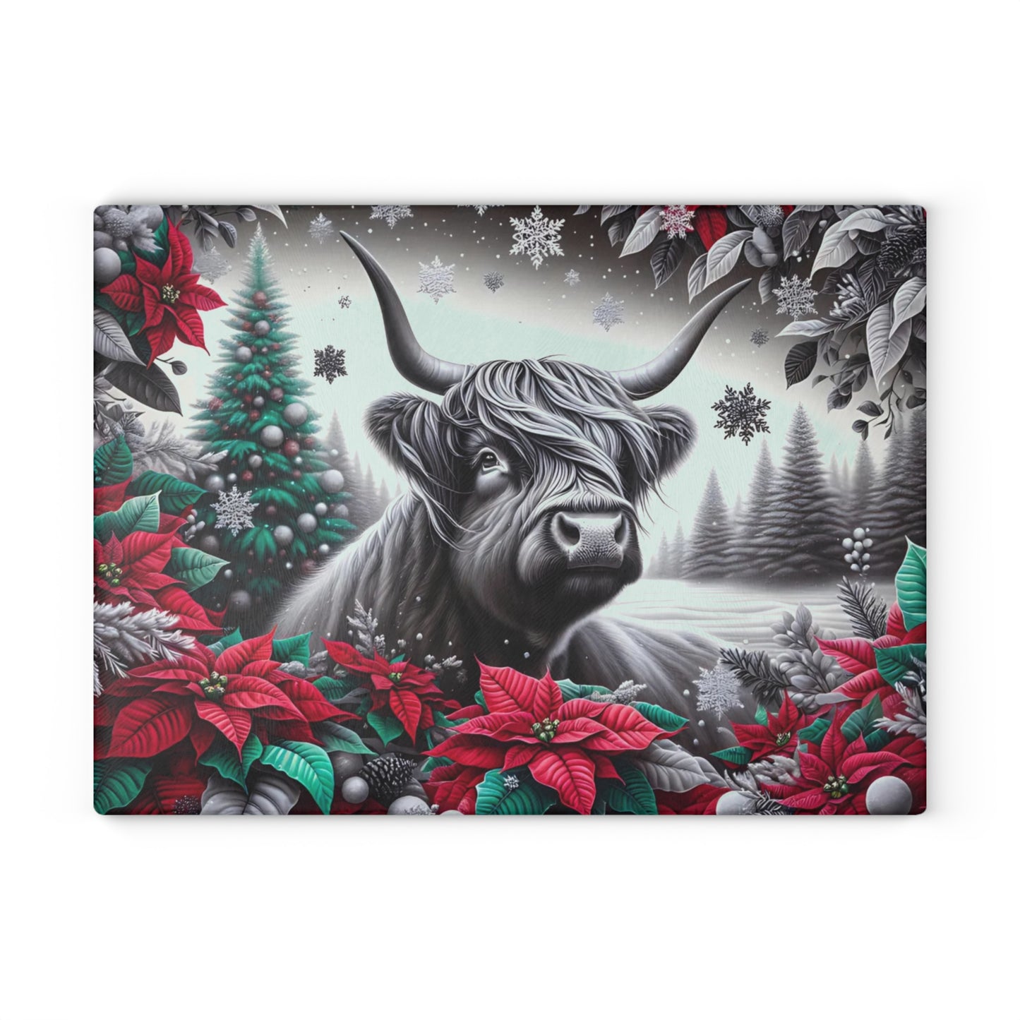 🐮❄️ “Winter Highland Cow” Glass Cutting Board – Rustic Christmas Charm for Your Kitchen