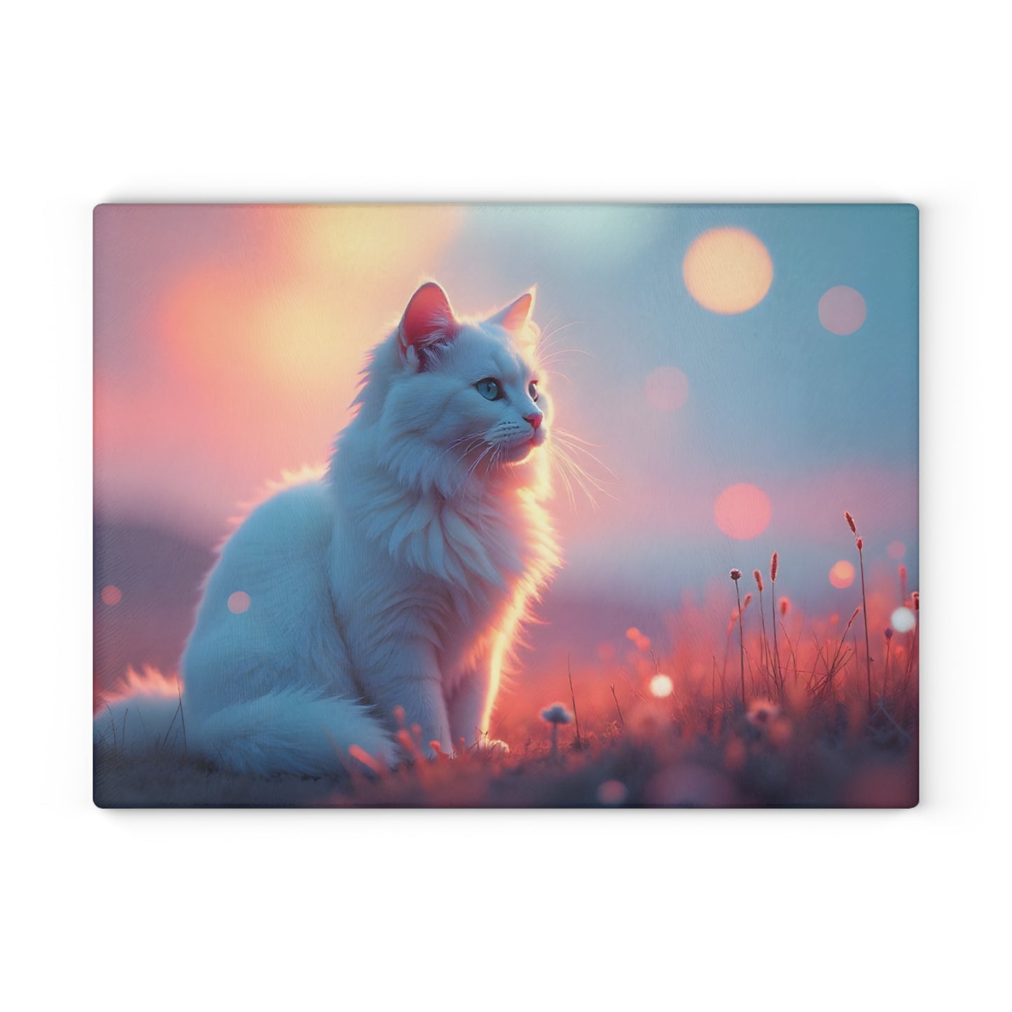 🐱🌅 White Cat Sunset Glow Cutting Board – Serene Elegance for Your Kitchen ✨