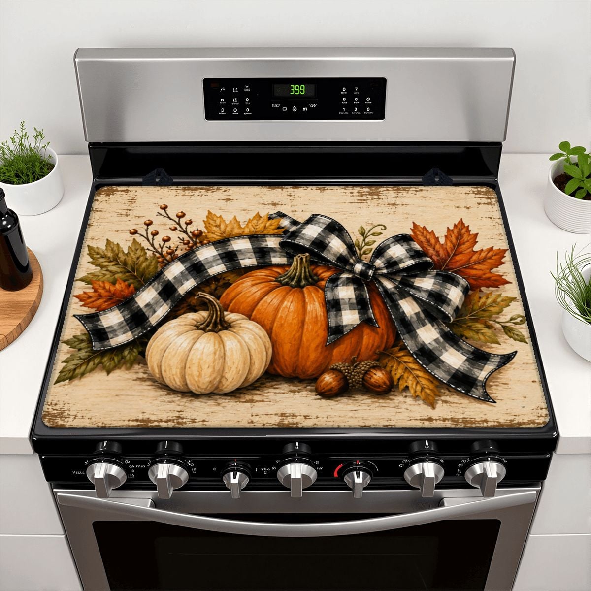 Rustic Fall Pumpkin Stove Top Cover – Buffalo Plaid Autumn Stove Protector Mat