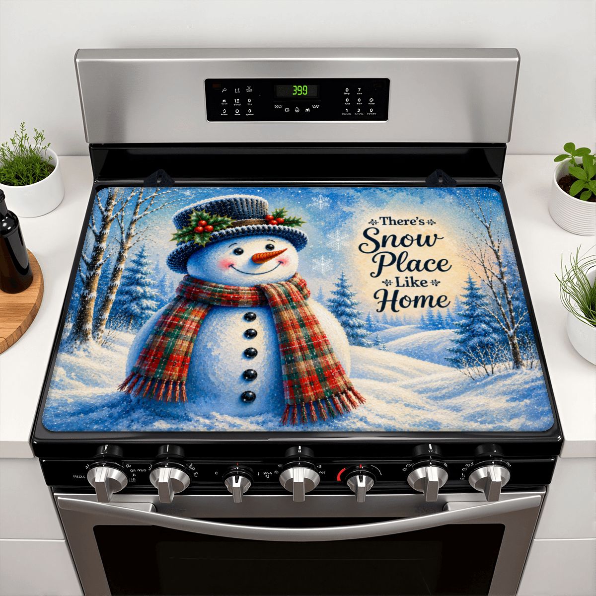 There’s Snow Place Like Home Snowman Stove Top Cover – Christmas Winter Stove Protector Mat