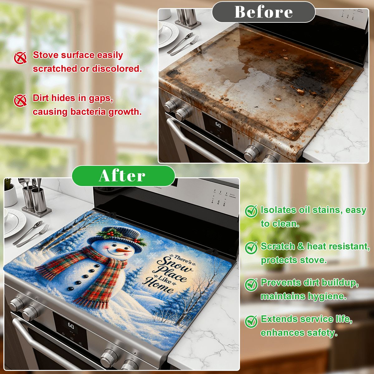There’s Snow Place Like Home Snowman Stove Top Cover – Christmas Winter Stove Protector Mat